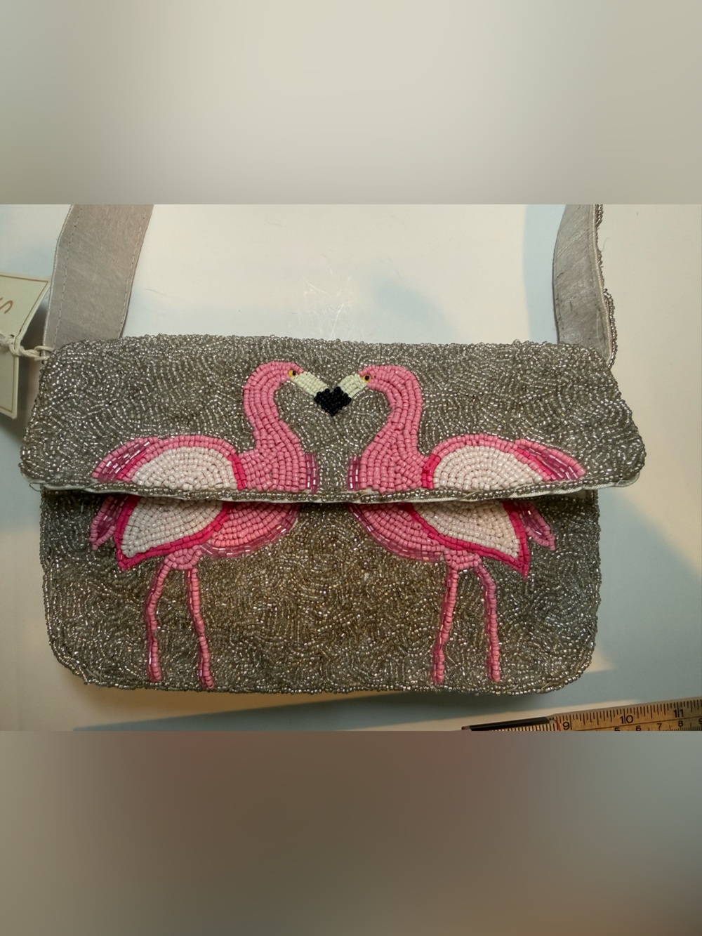 * VIRAL Sol & Mer Silver Beaded Shoulder Bag with Pink Flamingo Motif